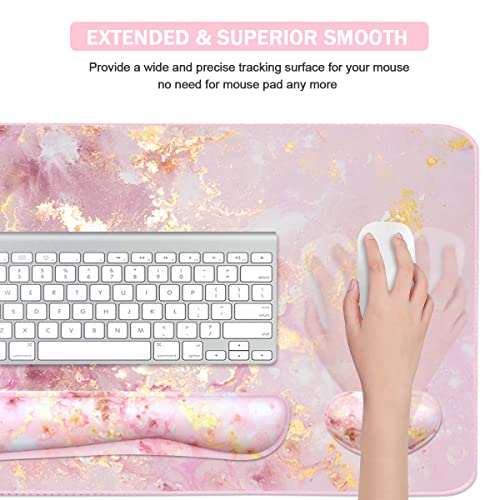 Large Mouse Pad and Keyboard Wrist Rest, Desk Pad for Keyboard and Mouse, 4-in-1 Large Gaming Mouse Pad with Wrist Support, Non-Slip Desk Mat for Home Office Study Game-Pink Gold Marble - color: Pink Gold Marble