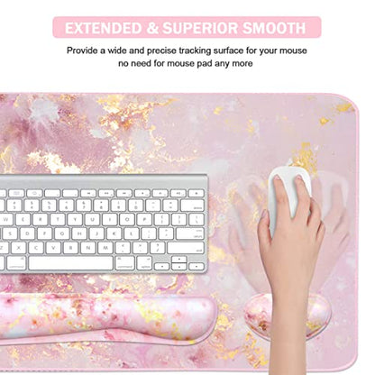 Large Mouse Pad and Keyboard Wrist Rest, Desk Pad for Keyboard and Mouse, 4-in-1 Large Gaming Mouse Pad with Wrist Support, Non-Slip Desk Mat for Home Office Study Game-Pink Gold Marble - color: Pink Gold Marble