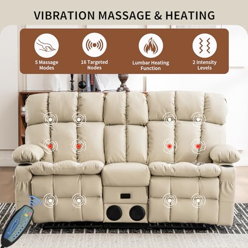 Loveseat Recliner Sofa with Massage & Heat, Flip Backrest, Reclining Loveseat with Console, Bluetooth Speaker, USB/Outlet/Storage/Cup Holder/Side Pocket, RV Sofa, Home Theater Seating, Beige - color: Beige, size: Loveseat with Console