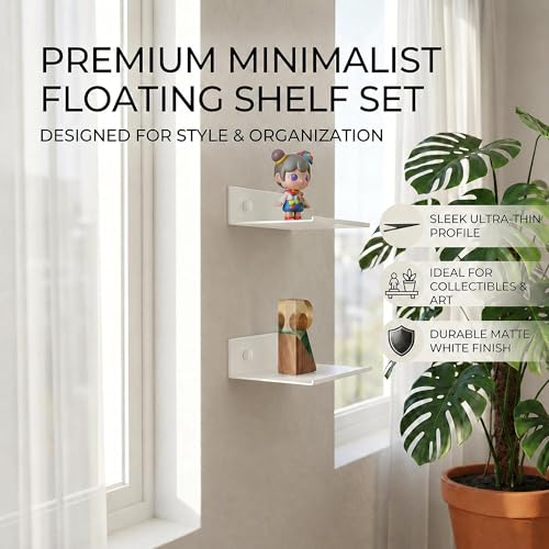 Z metnal Small Floating Shelves, Renter Friendly Mini Metal Display Shelf for Collection Action Figures, Aluminum, Adhesive & Wall Mounted, White, 6 inch, 2 Pack - color: White, size: 6 inch (2 Pack)