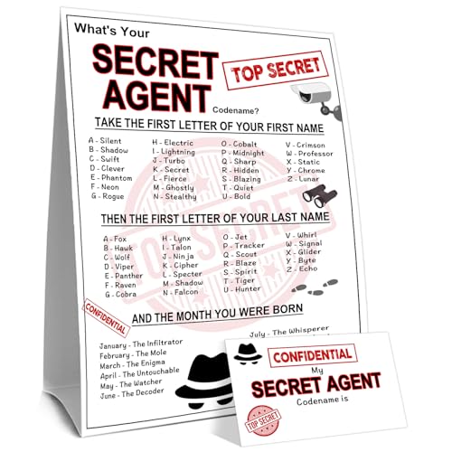 What's Your Secret Agent Name Game Card Set, Spy Codename Generator Game Card, Secret Agent Birthday Party Game Cards, 1 Agent Name Sign, 30 Spy Names Sticker, Birthday Party Decor for Boys Girls - style: Secret Agent