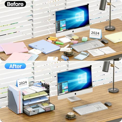 OPNICE Desk Organizer, 4-Tier Desktop File Organizer with Drawer and Pen Holders, Office Desk Accessories, File Sorters, Workspace Organizers for Office Supplies(Black) - color: Black, size: 4-tier