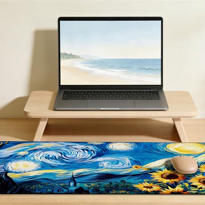 Starry Night and Sunflowers Gaming Mouse Pad with Stitched Edges Non-Slip Rubber Base Mouse Pad for Office,Computer,Keyboard,Laptop and Home Desk,31.5 x 11.8 Inch - color: Starry Night and Sunflowers, size: 11.8*31.5inch