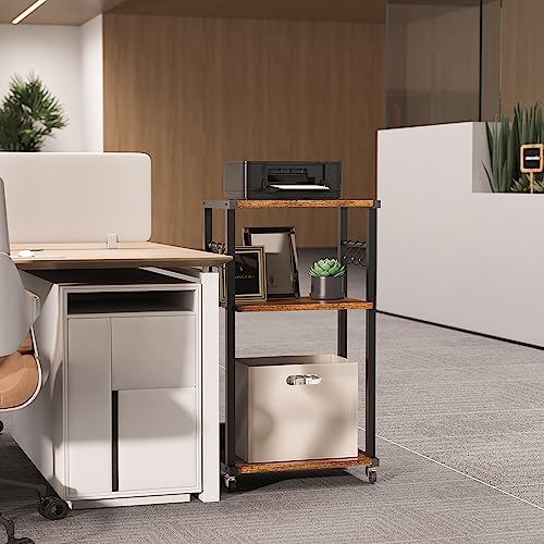 YMYNY Mobile Printer Stand, 3-Tier Printer Cart with Adjustable Storage Shelf and 6 S-Hooks, Tall Printer Table for Home Office, for Computer Tower Stand, Shredder, CPU Stand, Rustic Brown, UHPT002H - color: Rustic Brown-3 Tiers