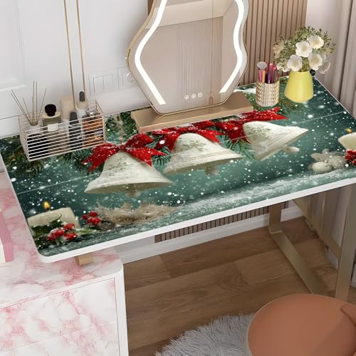 Christmas Bell Desktop Sticker 39.37x23.62In, Snowy Bell Red Ribbon Desk Decal, Easy Clean Table Surface Sticker, Classic Holiday Home Decor - color: Colorful197