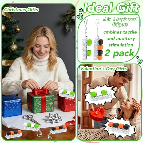 2 PCS 4-in-1 Keyboard Fidget Toy Keychain, Finger Clicky Button Toy Stress Relief Keychain with Swappable Keycaps, Mini Mechanical Key Fidget for Office Desk Focus Gifts (Black Orange Green White) - color: Black Orange Green White