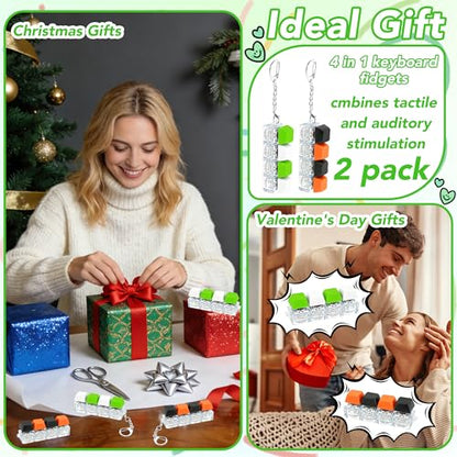 2 PCS 4-in-1 Keyboard Fidget Toy Keychain, Finger Clicky Button Toy Stress Relief Keychain with Swappable Keycaps, Mini Mechanical Key Fidget for Office Desk Focus Gifts (Black Orange Green White) - color: Black Orange Green White