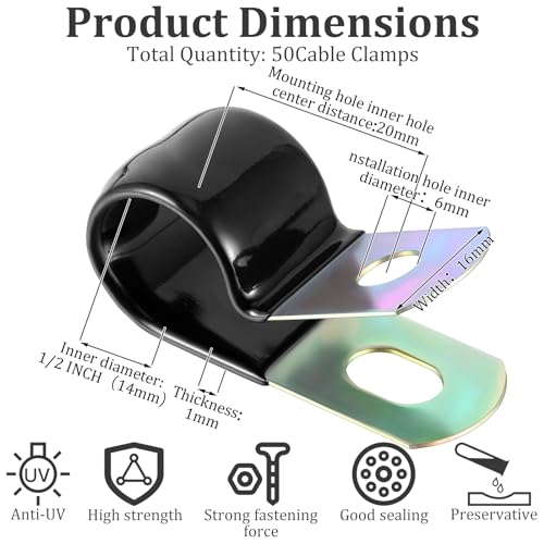 Tandefio 50 Pack Vinyl Coated Cable Clamps Galvanized Steel Cable Metal Wire Rubber Cushioned Insulated Hose Pipe Clamp for Tube Lines Wire Cord Installation(1/2 Inch,14mm) - size: 1/2 Inch (14mm)