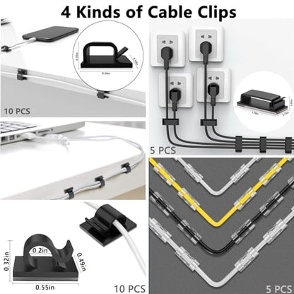 ELII 302PCS Cable Management Kit 4 Cable Sleeve,45Cable Clips,11Cable Holders,22 Roll Cable Organizer Straps and 200 Fastening Cable Ties,20 Cable Zip Tie Mounts Computer Under Desk (Black)