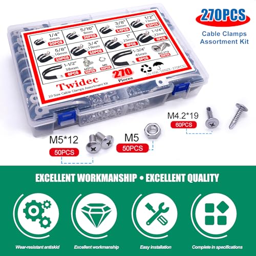Twidec/270PCS Cable Clamps Assortment Kit 304 Stainless Steel Rubber Coated Cushion Clamps 10 Sizes 1/4" 5/16" 3/8" 1/2" 5/8" 3/4" 1" 1-1/4" 1-1/2" 1-3/4" With Screw For Automotive Wire Pipe Clamps - size: Multi-Size - 270 PCS