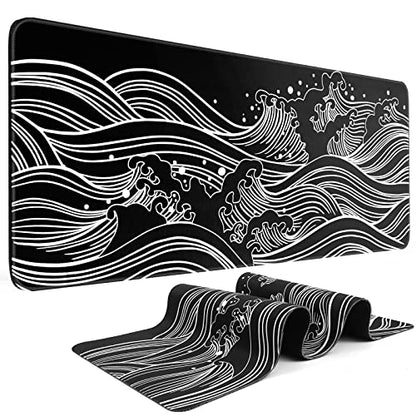 DIGSOM Gaming Mouse Pad Black and White Sea Wave Pattern, 31.5 x 11.8in | XL Mouse mat, Smooth surface, Anti-slip rubber base, For keyboard and mouse, For home and office use - color: Black Sea Wave