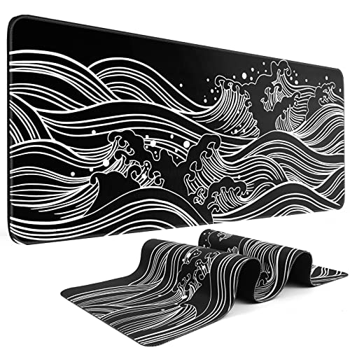 DIGSOM Gaming Mouse Pad Black and White Sea Wave Pattern, 31.5 x 11.8in | XL Mouse mat, Smooth surface, Anti-slip rubber base, For keyboard and mouse, For home and office use - color: Black Sea Wave