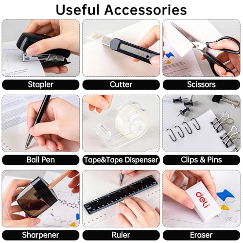deli Office Supplies Set, 1045 Pcs-Desk Accessory Organizer Kit, Stapler Set, Rotating Multi-Functional Pen Holder, Tape Dispenser, Pens, Binder Clips, Sharpener, Scissor, Eraser, Black - color: Black