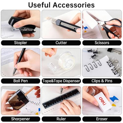 deli Office Supplies Set, 1045 Pcs-Desk Accessory Organizer Kit, Stapler Set, Rotating Multi-Functional Pen Holder, Tape Dispenser, Pens, Binder Clips, Sharpener, Scissor, Eraser, Black - color: Black