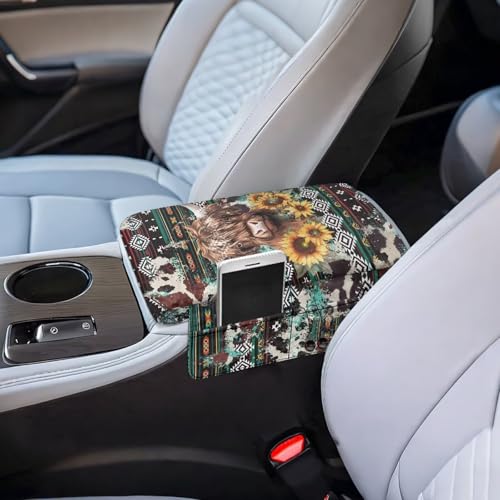 Wanyint Aztec Highland Cow Sunflower Car Center Console Cover Soft Armrest Cover Protector Wear-Resistant Non-Slip Middle Console Pad Protective Cover for Car Storage Box Universal Fit - color: Aztec Highland Cow Sunflower