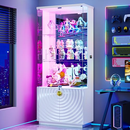 Lvifur 71'' Display Cabinet with Glass Doors,4-Tier Curio Cabinet with 3-Color Lights for Collectibles,Lockable Glass Display Case Human Body Sensor,Tall Bookcase w/Shelves&Drawers,White - color: White-71" Rgb