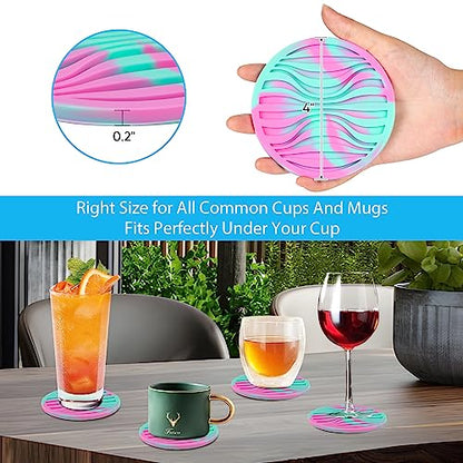 6 Pack Rubber Drink Coasters Plastic Coaster with Holder, Silicone Cup Mat | Coasters for Drinks Non-Stick Outdoor Plastic Coasters Set Thickened Hot- Cold Drink Fits Any Cups Table Rubber Glass Coaster - color: Green Pink-plastic Holder