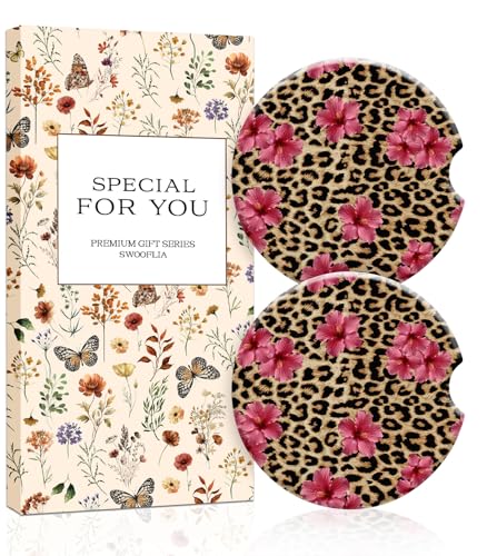 Swooflia Car Coasters for Women - Leopard Pink Flower Car Cup Coasters Absorbent Cup Holder Coasters for Car 2 Pcs Ceramic Car Cupholder Coaster with Cork Base Car Interior Accessories - color: Leopard Pink Flower