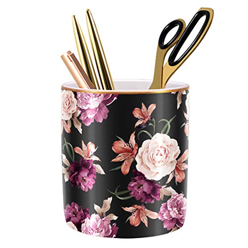 Pen Holder for Desk, Pencil Cup Holder, Cute Floral Makeup Brush Holder Durable Ceramic Flower Design Desk Pencil Organizer for Office, Classroom, Black - color: Black Flower