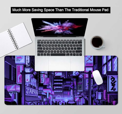 Dark Purple Japanese Anime Desk Mat, Retro Vaporwave Large Gaming Mouse Pad for Laptop Computer, Neon Tokyo Street Pixel Art Full Desk Mouse Pad, XXL Skyline City Mousepad- 35.4 x 15.7 Inch - color: Neon Tokyo Street Pixel Art