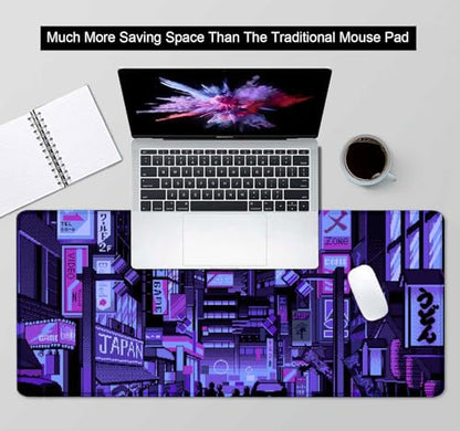 Dark Purple Japanese Anime Desk Mat, Retro Vaporwave Large Gaming Mouse Pad for Laptop Computer, Neon Tokyo Street Pixel Art Full Desk Mouse Pad, XXL Skyline City Mousepad- 35.4 x 15.7 Inch - color: Neon Tokyo Street Pixel Art