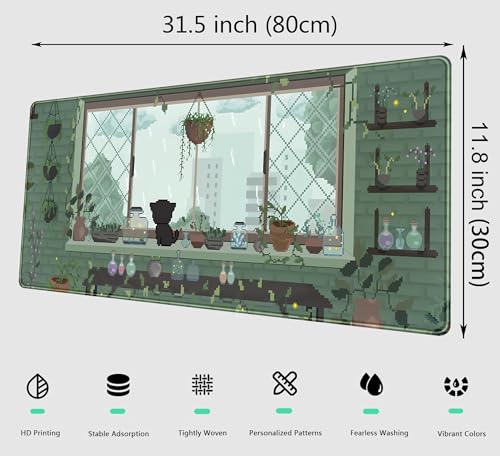 Green Kawaii Desk Mat Mousepad Pixel Plant Mouse Pad Gaming XL Large Desk Pad Anime Cat Desk Matt for Desktop, Computer Laptop Keyboard and Mouse Mat for Women Office Decor Accessories 31.5x11.8 in - color: Green Pixel Plant, size: 31.5" x 11.8"