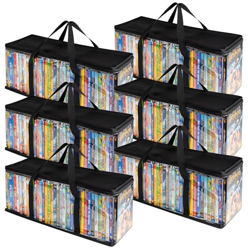 DVD Storage Bags 6 Pack DVD Storage Holder Case Clear PVC Media Holder with Handles for DVDs, CDs, Video Games, Books, Black