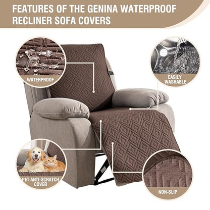 Genina Waterproof Oversized Recliner Chair Covers - 100% Protection, Non-Slip, Washable Recliner Slipcover for Larger Recliners, Kids & Pets Friendly【28'' /Chocolate】 - color: Chocolate, size: 28 in （Oversized 1 Seater）