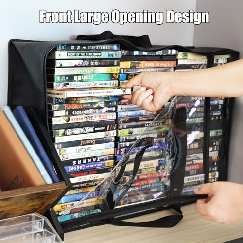 DVD Storage Bags 2 Pack, Updated Bigger Bags Holds 180 DVDs (90 Each), Clear Plastic Organizer with Reinforced Handles for Media, Quilt, Pillow & Clothes Storage - size: 2*Large Bags