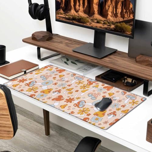 Retro Mushrooms Desk Mat Mouse Pad Large Desk Pad Desk Mats On Top of Desks Laptop Computer Keyboard Mouse Mat Full Desk Gaming Mousepad XXL 31.5X11.8 inch Deskpad Deskmat Cute Desk Accessories - color: Retro Mushrooms, size: 31.5L x 11.8W inches