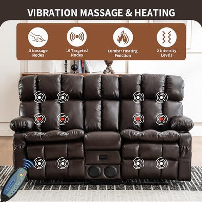 Loveseat Recliner Sofa with Massage & Heat, Flip Backrest, Reclining Home Theater Seating with Console, RV Couch Sofa with Bluetooth Speaker, USB/Outlet/Storage/Cup Holder/Side Pocket, Brown - color: Brown, size: Loveseat with Console