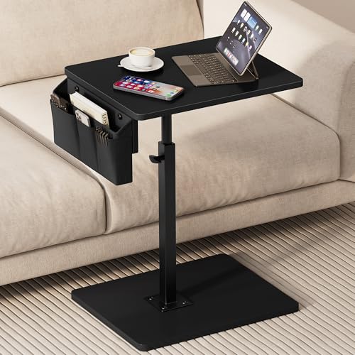 Vagusicc Sofa Armrest Tray Table for Couch, 360° Swivel Height Adjustable TV Tray Table for Small Spaces, Snack Side Table for Couch, Bed, Chair, C Shaped End Side Table for Eating, Reading, Laptop - color: Black, style: With Storage Bag