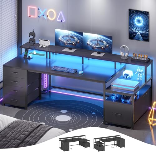 SEDETA 75'' Computer Desk with 5 Drawer, Power Outlet & Led Lights, Home Office Desk with File Drawer, Storage Shelves, Printer Cabinet and Monitor Shelf, 23.6" W Large Desktop Gaming Desk, Black - color: Black, size: 75X23.6inch