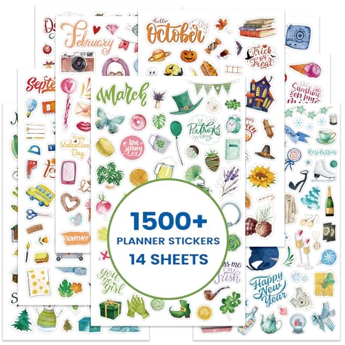 Planner Stickers - Calendar Stickers for Celebration and Decoration, 12 Monthly Festival Theme Sticker for Adults Planner, for Festival Events, Daily Tasks(14 Sheets, 1500+ Sticker Per Pack)
