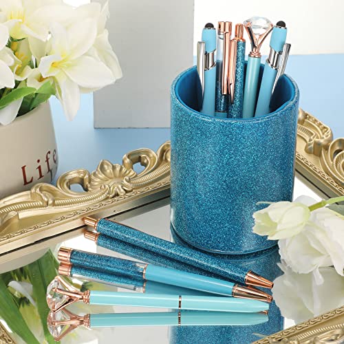 Sabary 8 Pcs Blue Pens with Pen Holder for Desk Glitter Crystal Diamond Cute Ballpoint Fancy Pencil Holder Bling Desk Organizer for Women Girls School Office Supplies Wedding Graduation Gifts - color: Blue