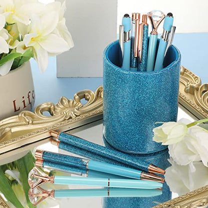 Sabary 8 Pcs Blue Pens with Pen Holder for Desk Glitter Crystal Diamond Cute Ballpoint Fancy Pencil Holder Bling Desk Organizer for Women Girls School Office Supplies Wedding Graduation Gifts - color: Blue