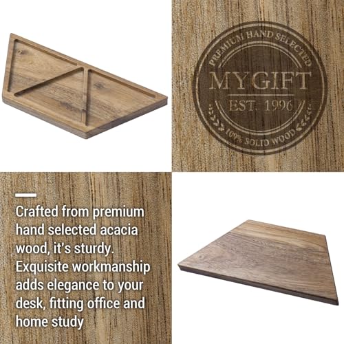 MyGift Modern Concrete Desk Organizer Set with 3 Triangular Gray-Tone Pen Holders and Acacia Wood Tray, 4-Piece Office Storage Solution for Pens, Pencils, and Supplies - color: Wood