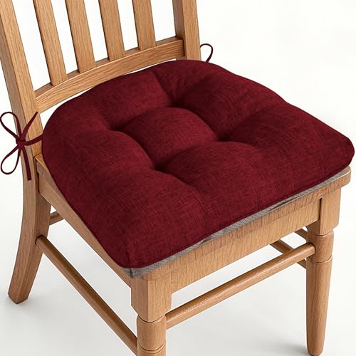 AddGrace Chair Cushions for Dining Chairs Set of 1 Kitchen Seat Cushions with Ties and Non Slip Backing Tufted Indoor Seat Pad for Kitchen Dining Room 18" x 17" x 3" Burgundy - color: Burgundy