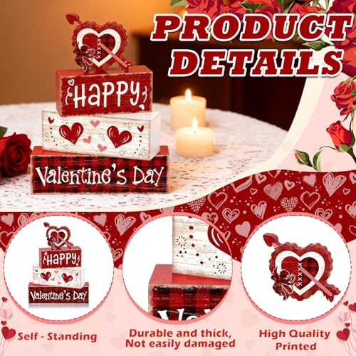 Britimes 4Pcs Valentine’s Day Table Decor Red Happy Valentine’s Day Heart Tiered Tray Decorations Set Rustic Farmhouse Wooden Stack Block Signs Plaid Romantic Tabletop Decor for Table Home Office - style: Cupid of Love Valentine