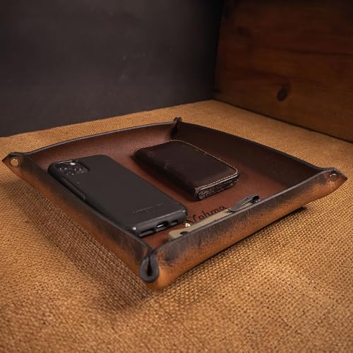Valet Tray – Full-Grain Leather Catchall Organizer for Keys, Phone & Wallet – Rustic Nightstand & Desk Tray with Raised Sides – Handmade in USA (Vintage Brown, Medium Square) - color: Vintage Brown, size: Medium Square