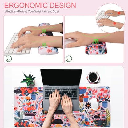 Petmolico Wrist Rest Set with Computer Keyboard Desk Pad,Mouse Wrist Rest,Keyboard Typing Wrist Pad and Cup Coasters,Ergonomic Design for Typing Pain Relief(Black,Cat with Flowers) - color: Rose
