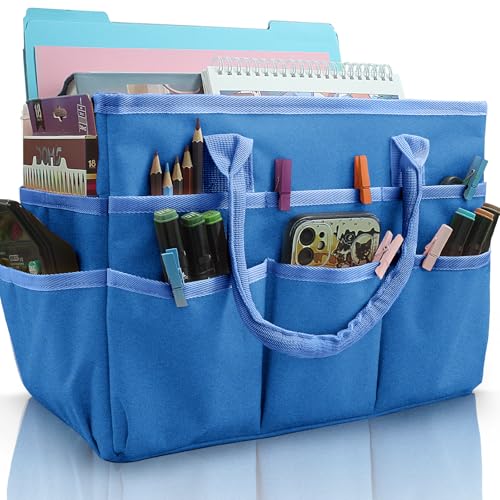Cupohus Art Organizer Craft Storage Tote Bag with Pockets and Handles, Oxford Fabric Carrying Caddy for Teacher, Officer, Artist, Traveler, and more –Blue - color: Blue