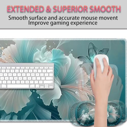 Large Gaming Mouse Pad + Wrist Rest+ Coaster Combo, 31.5 "x 11.8" Durable Non-Slip Extension Table Mat, Suitable for Office and Home, Blue Art Butterflies - color: Blue Art Butterflies