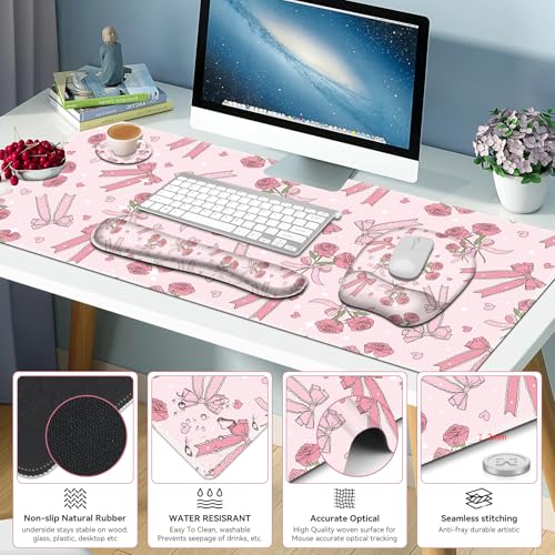 Pink Mouse Pad with Wrist Support 4 in1 Set, XXL Big Game Mousepad + Keyboard Wrist Rest + Mouse Wrist Rest Pad +Coaster Gaming Mat for Home Office Work Computer Laptop PC I Sweet Rose & Heart Bow - color: Sweet Rose & Heart Bow