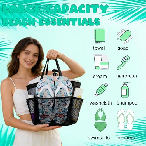 Attmu Mesh Shower Caddy Portable for College Dorm Room Camping Essentials, Shower Caddy Dorm with 9-Pockets, Large Capacity Hanging Basket Bathroom Bag for Toiletry, Swimming, Gym, Camp, Beach - color: Black Grey