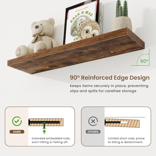 Marsmiles 36in Floating Shelves for Wall, 36" W x 9.25" D x 1.25" H, 2 Pack Long Wall Mounted Engineered Wood Shelves with Invisible Brackets for Living Room, Bedroom, Bathroom, Kitchen, Rustic Brown - color: Rustic Brown With Invisible Metal Brackets, si