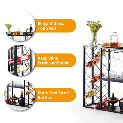 Mango Steam Wine Rack Console with Glass Table Top (34 Bottle, Black) - color: Black, size: 34 Bottle