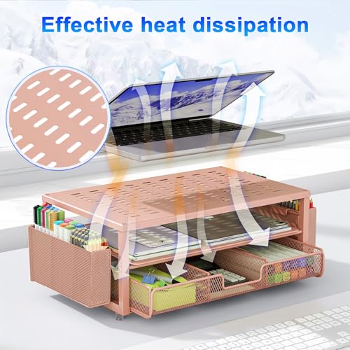 gianotter Desk Organizers and Accessories, Monitor Stand with Drawer and 2 Pen Holder, Desktop Organizer Suitable for Offices and Dormitories (Rose Gold) - color: Rose Gold-Ventilated