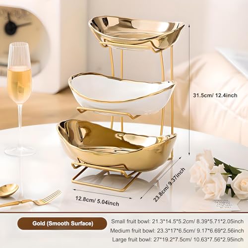 Gold Silver Fruit Bowl with Metal Stand, 3 Tier Ceramic White Fruit Bowl Fruit Rack for Kitchen Counter, Tiered Fruit Basket for Snacks Bread Candy Storage (Gold (Smooth Surface)) - color: Gold (Smooth Surface)