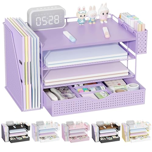 gianotter Wood Desk Organizers and Accessories with File Holder, 4-Tier Desk Accessories & Workspace Organizers with Drawer and Pen Holder, Desk Reference Organizer (Purple, 4T with Drawer) - color: Purple, size: 4T with Drawer